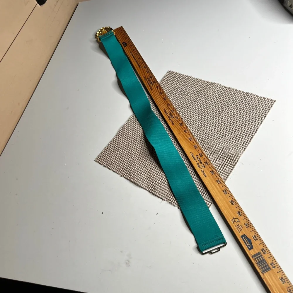 Vintage 80s Teal Green Elastic Cinch Belt Gold Tone Enamel Swirl Buckle Wide 28